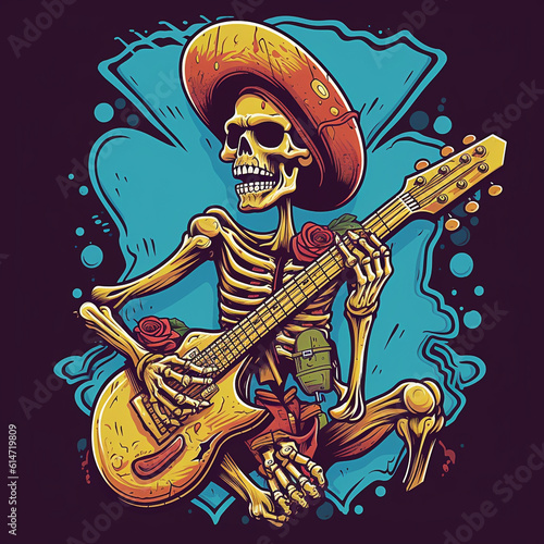 Skull playing guitar illustration