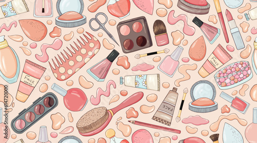 Make up products pattern. Beauty product background. Cosmetics and accessories backdrop. Make up doodletextile, fabric. Decorative cosmetics, lip stick, nail polish, blush, eye shadow, powder, tools.