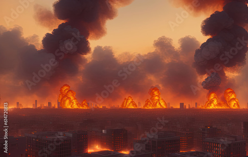 А modern city devastated by fire, explosions and chaos. Ai generated technology