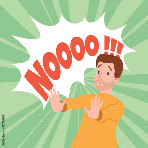 Vector Illustration of a man stretched out his hands and denies, negation says NO on abstract pop art style background