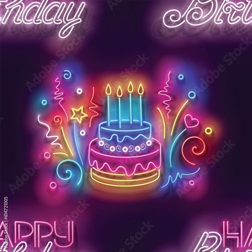 Seamless pattern with glow glow Holiday Cake with Candles and Inscription. Happy Birthday and Holiday Party Mood. Neon Light Texture, Signboard. Glossy Background. Vector 3d Illustration