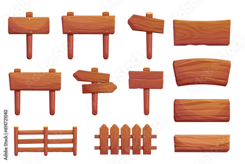 Set of wooden tablets, hanging textured panels rope, signboards with pointer, fence with nails in cartoon style isolated on white background. Rustic board, plank with place. Ui game assets