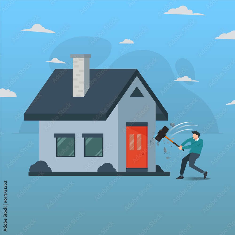 Man breaking the house wall by big hammer. Demolition concept design vector illustration Man breaking the house wall by big hammer. Demolition concept design vector illustration