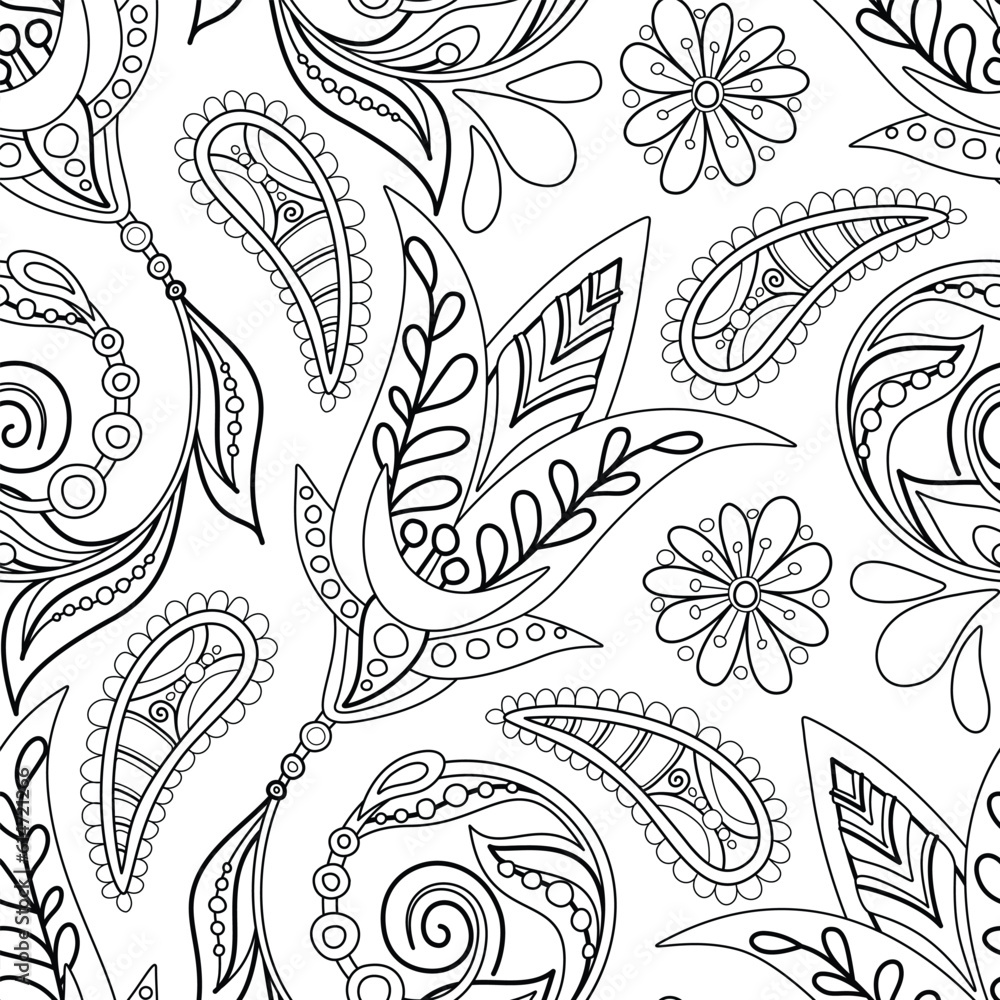Fototapeta premium Folkloric Seamless Pattern with Paisley Flower, Nature Inspired Design Element. Ornate Abstract Pattern. Endless Texture for Fabric, Wallpaper etc. Vector Illustration Coloring Book Page