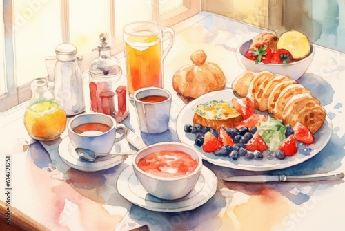 Croissant with berries and a cup of tea on table. Watercolor style. Breakfast, baking, desserts, food concept. Generative AI