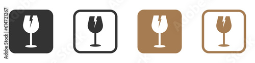 Fragile label vector symbols. Broken glass black vector icons for packaging