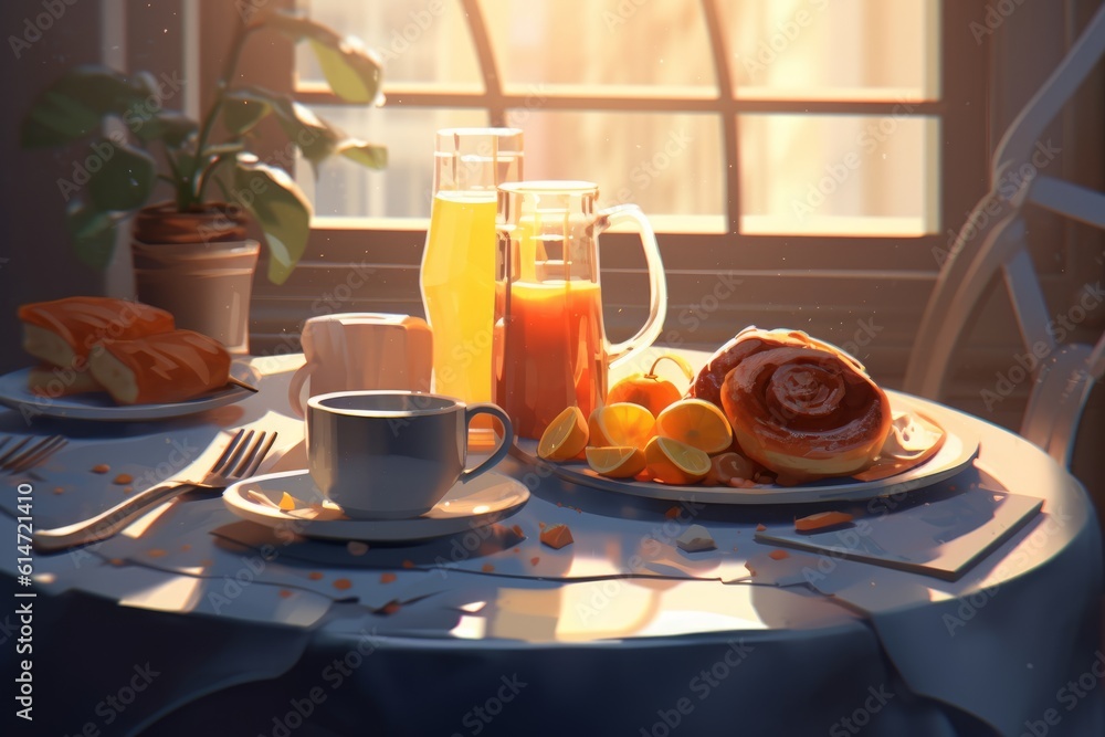 Buns with fruit and a cup of tea on table. Breakfast, baking, desserts, food concept. Generative AI