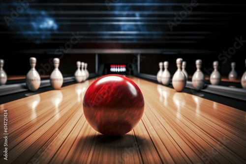 Creative bowling game concept: ball and skittles on lane. Generative AI
