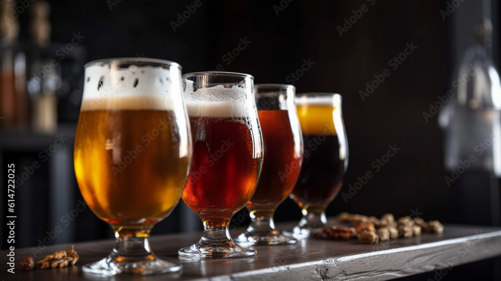 Close-up photo of beers on the counter of a bar. Studio lighting.Image ai generate Close-up photo of beers on the counter of a bar. Studio lighting.Image ai generate