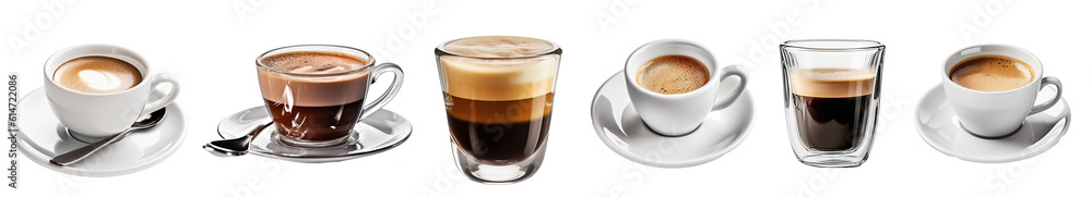 Set with cups of hot aromatic espresso coffee on transparent background. Banner design - obrazy, fototapety, plakaty 