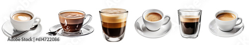 Fotografering Set with cups of hot aromatic espresso coffee on transparent background