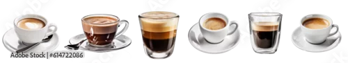 Obraz Set with cups of hot aromatic espresso coffee on transparent background. Banner design