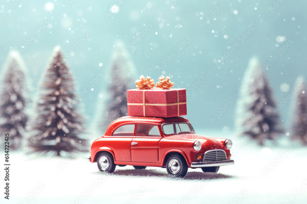 Retro red car with gift boxes and fir tree, Christmas card template Generative AI