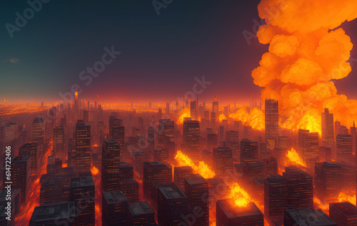 А modern city devastated by fire, explosions and chaos. Ai generated technology