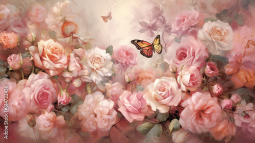 Digital Illustration of luminescent roses emitting a soft  ethereal glow with whimsical butterflies  drawn to the radiant beauty of the pink roses