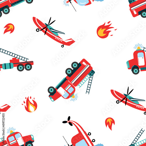 Firefighters. Seamless pattern with fire engines. Design for fabric, textile, wallpaper, packaging.