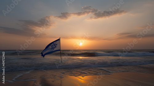 Sunset Over Israel Flag on Peaceful Beach