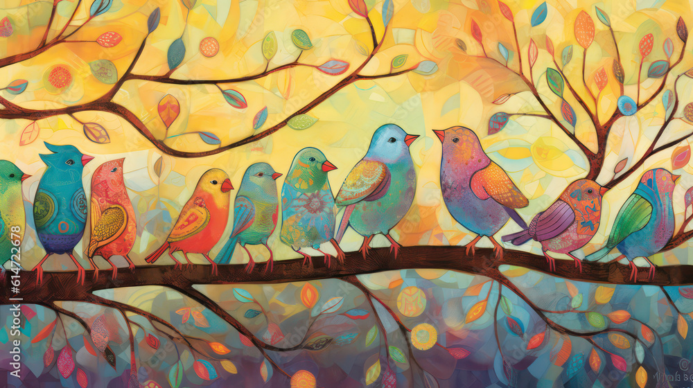 A scene filled with birds singing in harmony. The image uses colors, patterns, and textures to represent the diverse range of bird species and their unique songs