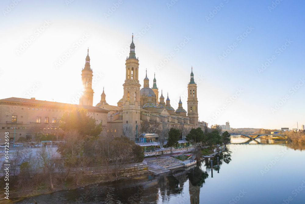 Panoramic view of the Pilar Cathedral and the Ebro river