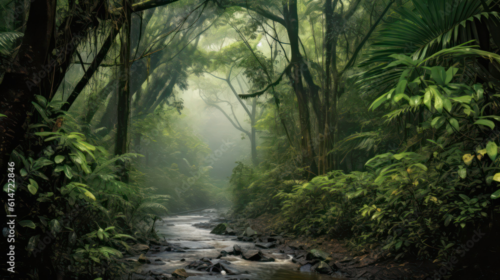 Stunning image of a torrential rainstorm in a lush tropical rainforest. It pouring down, forming cascades of water along towering tree trunks and creating a misty atmosphere