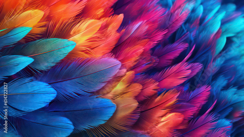 A close-up View of Colorful feathers of the bird. The image highlights the iridescent colors, delicate textures, and graceful movement of feathers © Graphics.Parasite