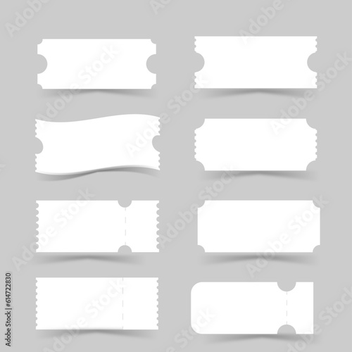 White blank tickets set. Realistic white mockup ticket for circus, concert, boarding, lottery, movie and coupon gray background