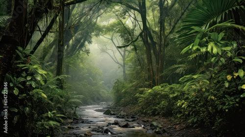 Stunning image of a torrential rainstorm in a lush tropical rainforest. It pouring down  forming cascades of water along towering tree trunks and creating a misty atmosphere
