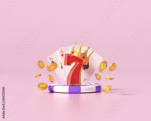 
Casino slot machine roulette, 7, chip sign card set, 3d rendering, 3d illustration.