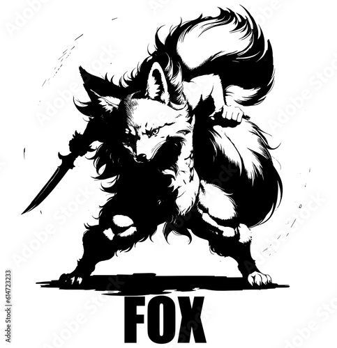 This vector depicts a humanoid fox in a fighting pose, holding a knife in his hand and fixing his gaze on the viewer. The humanoid fox is depicted with an agile and cunning appearance, combining featu