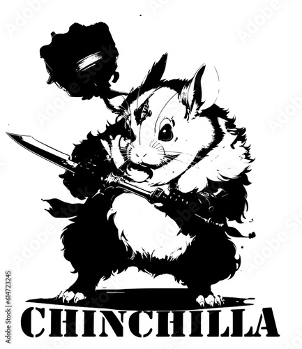 This vector features a chinchilla humanoid warrior with a sword, wearing medieval garb and sporting a gadget in her ear. The humanoid chinchilla is portrayed looking both adorable and determined. She 