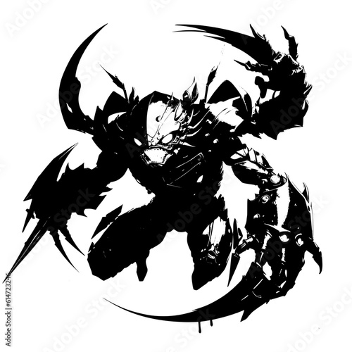 This vector features a humanoid, cyborg crab jumping out of a portal, keeping the same black and white style with flat colors. The humanoid crab is depicted with angular shapes and sharp lines, combin