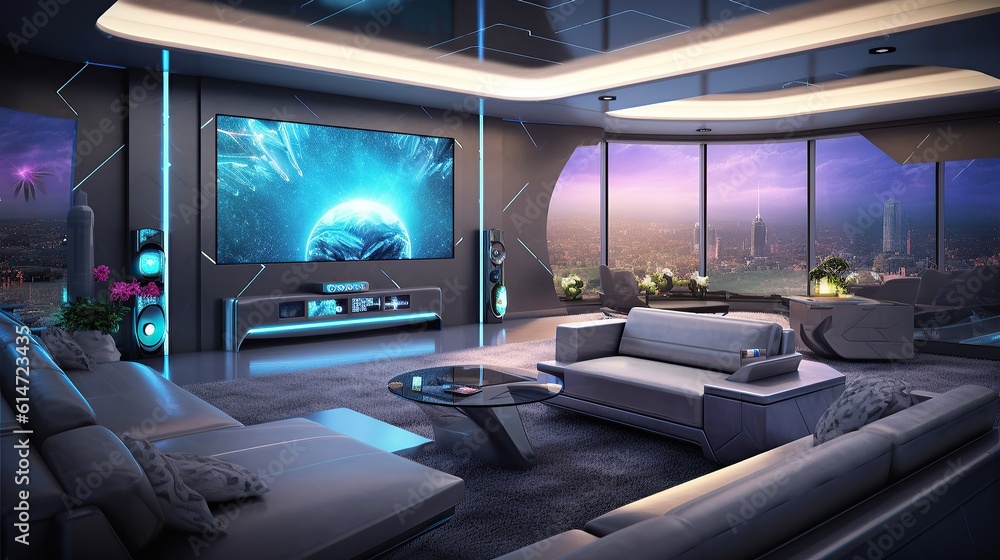 Modern futuristic living room with smart home tv: cozy couch, interior ...