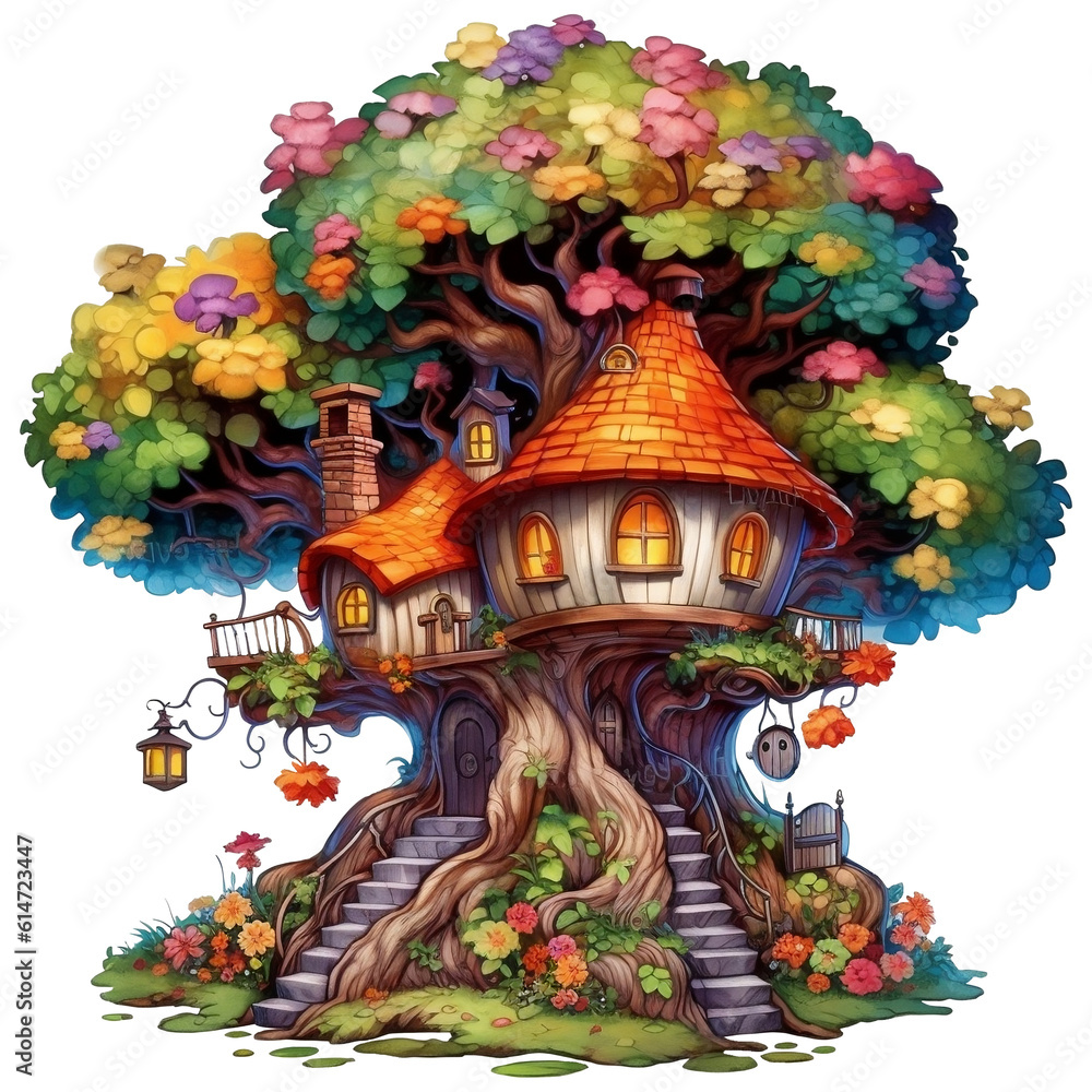 Fototapeta premium Illustration of a fairy-tale house on a tree with a lot of flowers AI Generative