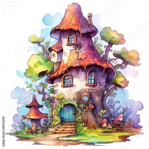Illustration of a fairy-tale house on a tree with a lot of flowers AI Generative © Thararat