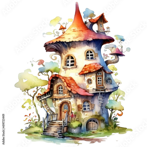 Illustration of a fairy-tale house on a tree with a lot of flowers AI Generative