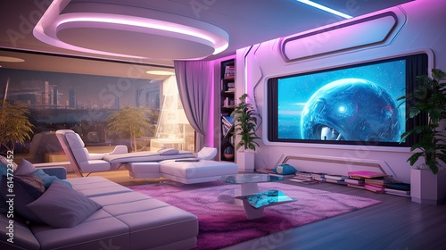 Futuristic indoor living room - relaxation smart home, featuring comfortable couch, sofa bed, coffee table, and large television with wall and ceiling accents
