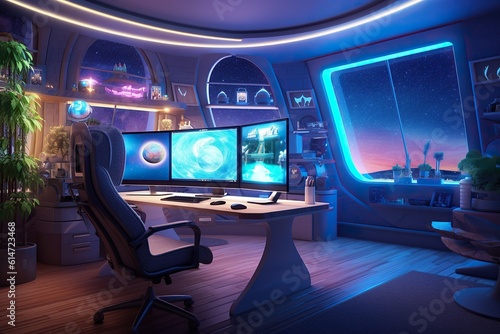 Futuristic room with contemporary furniture: table and chairs, computer monitors, flat panel displays, and a wall-mounted television - ready for work or play