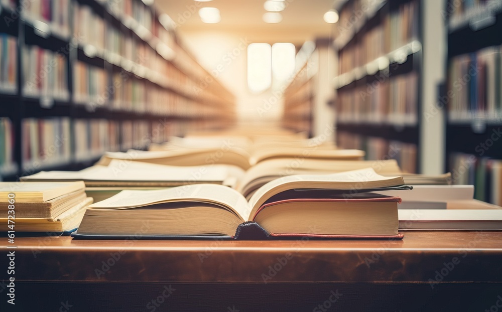 Books piled up in a library. Teacher's day. Education concept.Image ai generate Books piled up in a library. Teacher's day. Education concept.Image ai generate