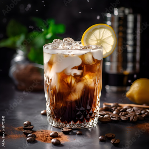 Espresso Tonic close up. Cold invirogating drink with espresso and tonic on dark background with coffee beans. Black Ice coffee in a corrugated glass with tonic and ice cubes, commercial shot. AI