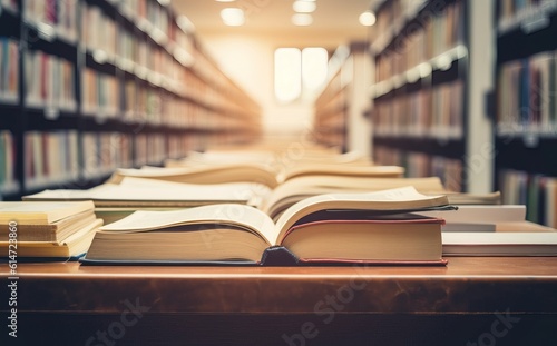 Books piled up in a library. Teacher s day. Education concept.Image ai generate