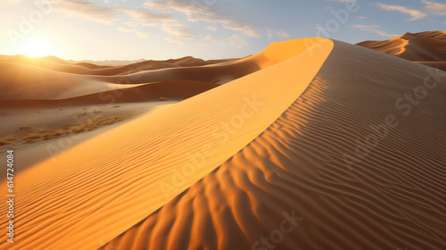 A beautiful desert landscape with sand mountains during midday Shows the golden sand, the blue sky that conveys a sense of tranquility and vastness © Graphics.Parasite