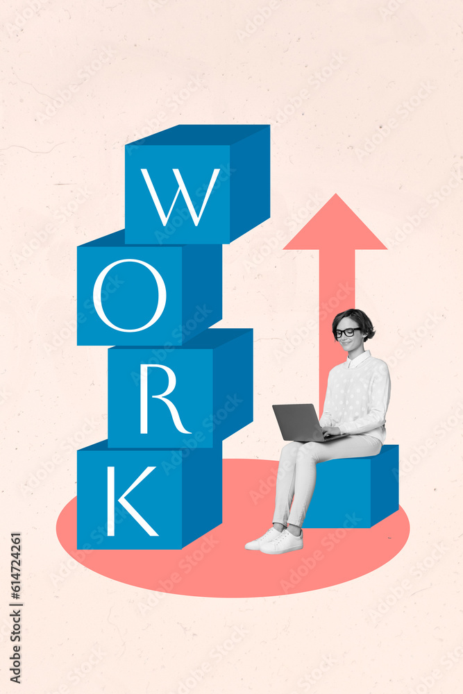 Vertical creative composite illustration collage photo of happy concentrated woman distance working on laptop isolated drawing background Vertical creative composite illustration collage photo of happy concentrated woman distance working on laptop isolated drawing background