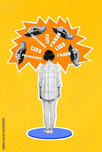 Vertical collage concept photo of woman watch propaganda stupid zombie smartphone display social media lies isolated on yellow background