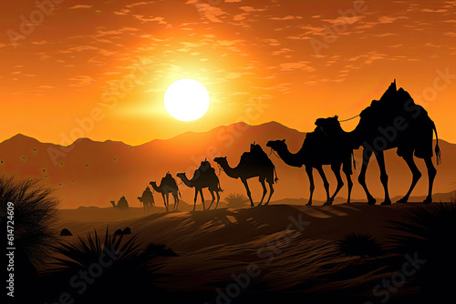 Silhouette of Camel Caravan at Sunset in the Desert