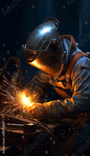 Welder with protective mask welding metal on dark background with sparks ai generated