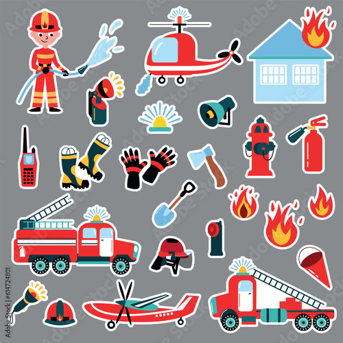 Firemen stickers set. Drawn style. Firefighter, fire trucks, helicopter, plane, helmet, flashlight, house, fire.