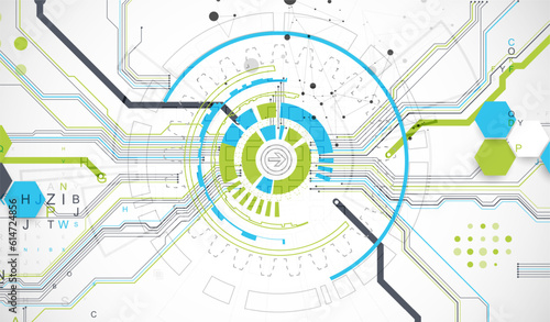Abstract background with plexus effect. Scientific and technological concept with the use of technical elements formed in the shape of a circle.