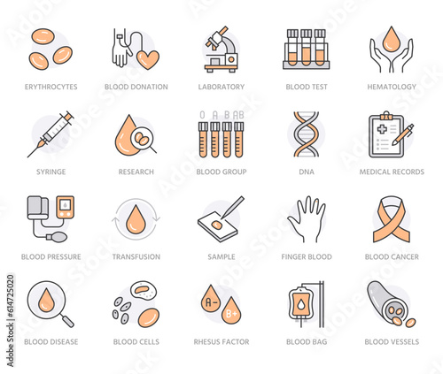Hematology flat line icons set. Blood cell, vessel, sphygmomanometer, dna test, biochemical microscope vector illustrations. Outline signs for donor day. Orange Color. Editable Stroke