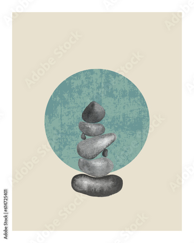 Stones watercolor monochrome hand drawn. Poster minimalist design elements in Boho style . Wall art, home deco.