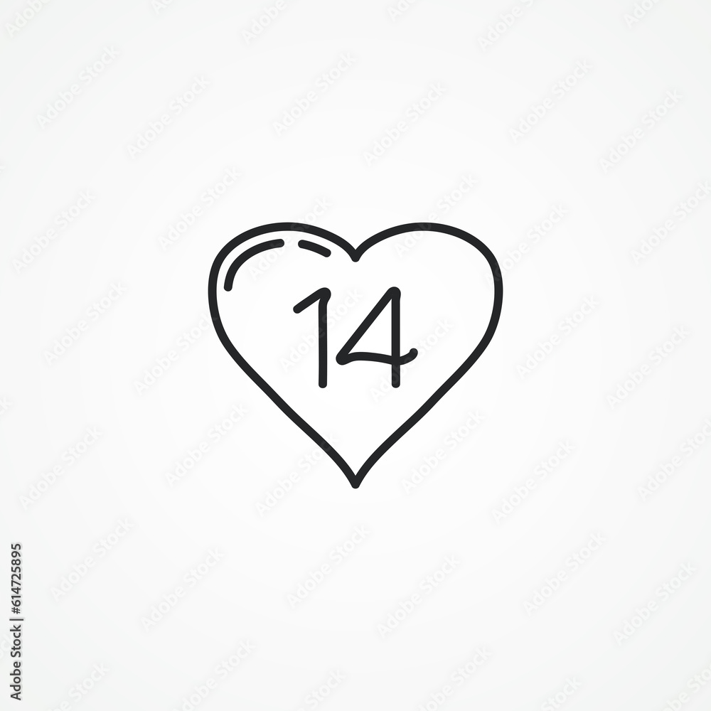 Heart line icon. heart with number 14 line icon. Heart line icon. heart with number 14 line icon.